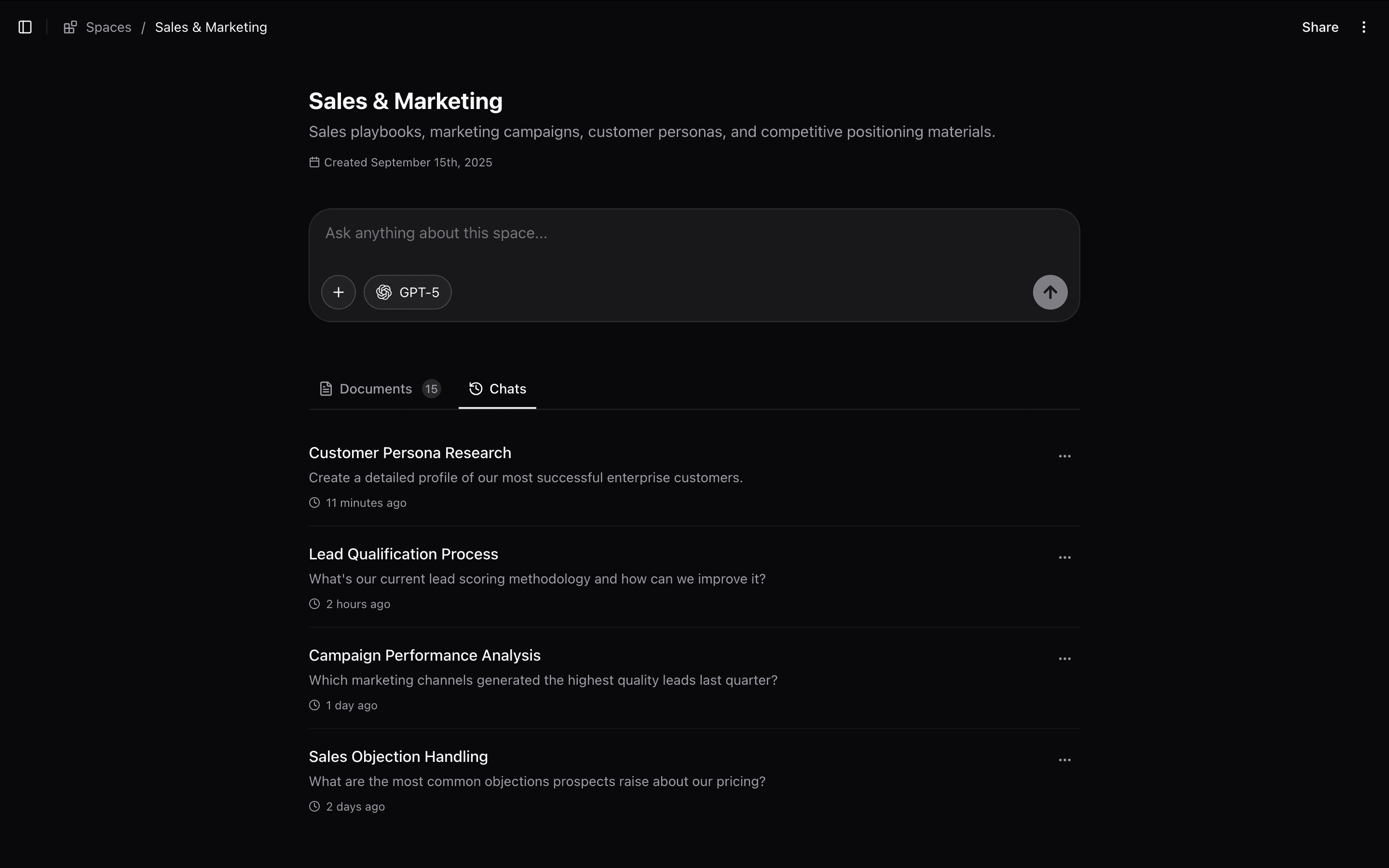 Knowledge Spaces interface dark mode